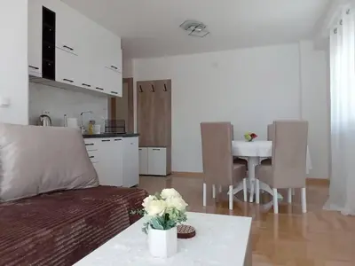 a kitchen and a living room with a couch and a table at Apartmani Vrnjacka Banja in Vrnjci