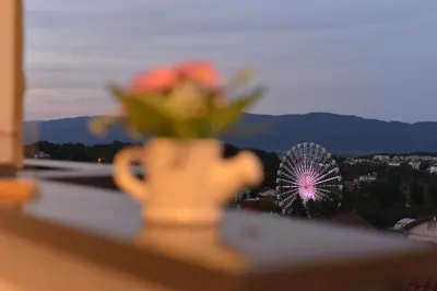 a vase of flowers on a ledge with a wheel at Apartman NIKOLINA in Vrnjačka Banja