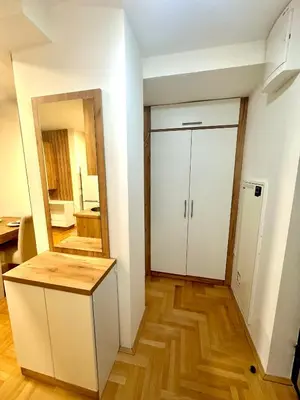 an empty room with a door and a mirror at Vidolux Studio - Free Garage and Fast WiFi in Niš