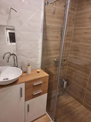 a bathroom with a shower and a sink at Tomić