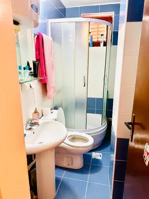 a bathroom with a toilet and a sink and a shower at Apartman Aki in Vlasotince