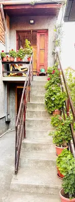 a staircase leading to a red door with potted plants at Apartman Aki in Vlasotince