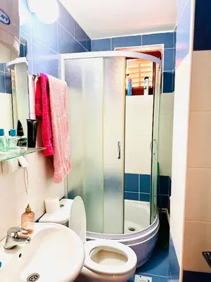 a bathroom with a shower and a toilet and a sink at Apartman Aki in Vlasotince