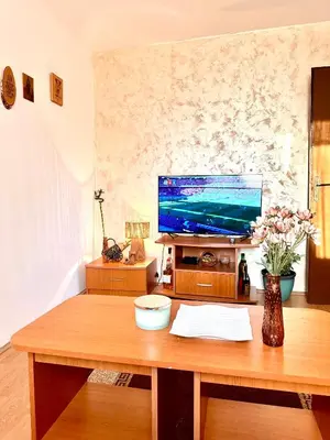 a living room with a wooden table with a television at Apartman Aki in Vlasotince