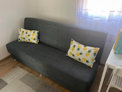 a gray couch with two pillows on it in a living room at Tesla centar free parking in Vranje
