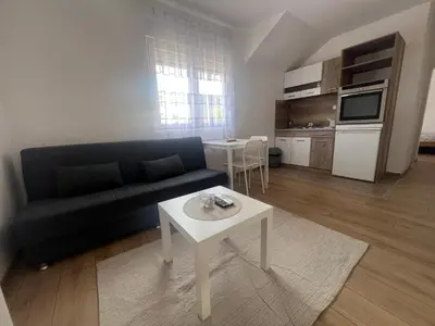 a living room with a couch and a table at Tesla centar free parking in Vranje