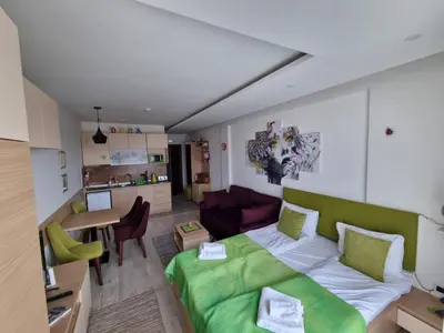 a small apartment with a bed and a kitchen at Kopaonik, Milmari resort, Apartman Duga in Kopaonik