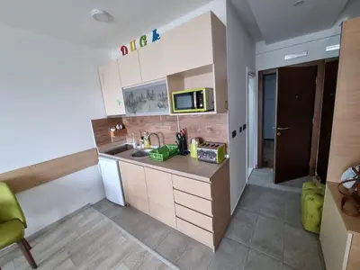 a small kitchen with a sink and a microwave at Kopaonik, Milmari resort, Apartman Duga in Kopaonik