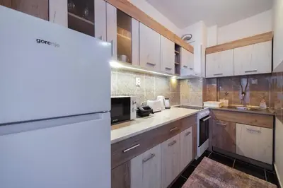 a kitchen with wooden cabinets and a white refrigerator at Apartman ANJA LUX01 in Pirot
