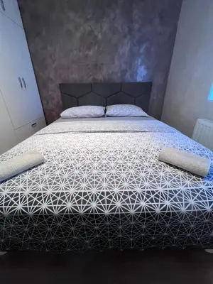 a bedroom with a bed with a black and white comforter at Sofija apartmani in Paraćin