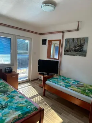 a bedroom with two beds and a flat screen tv at Studio - Apartmani 3 in Jošanička Banja