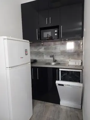 a kitchen with a white refrigerator and a sink at Studio apartman BB4 in Vrnjačka Banja
