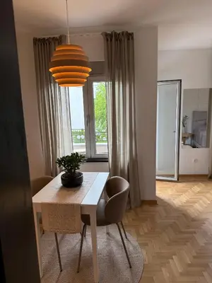 a dining room table with chairs and a potted plant on it at Apartman 7 in Vrnjačka Banja