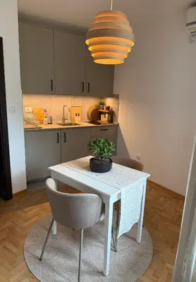 a kitchen with a white table with a potted plant on it at Apartman 7 in Vrnjačka Banja
