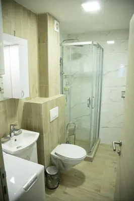 a bathroom with a toilet and a glass shower at Apartmens in Kopaonik in Kopaonik