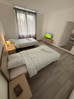 a room with two beds and a television in it at Apartman MATEA in Pirot