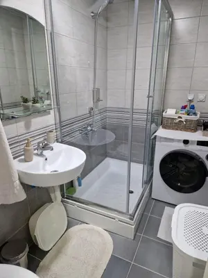 a bathroom with a shower and a sink and a washing machine at Apartman IRIS in Pirot