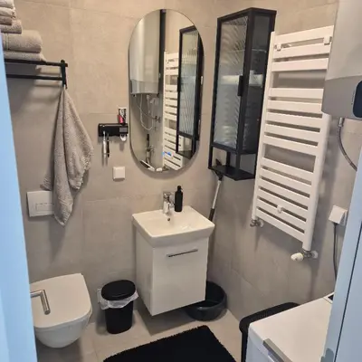 a bathroom with a sink and a mirror and a toilet at V i N Boutique Apartment in Niš