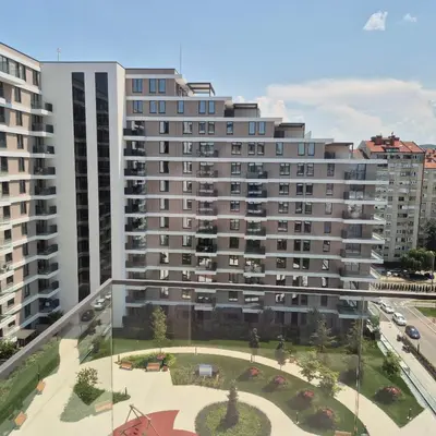 an aerial view of a large apartment building at V i N Boutique Apartment in Niš