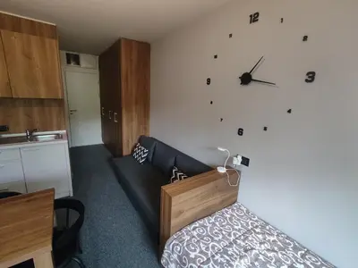 a living room with a couch and a clock on the wall at Snow White apartman Vila Bela reka 50m from gondola - free parking in Brzeće