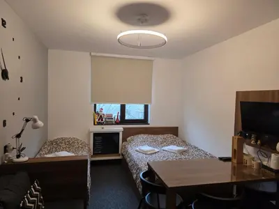 a bedroom with a bed and a desk and a table at Snow White apartman Vila Bela reka 50m from gondola - free parking in Brzeće