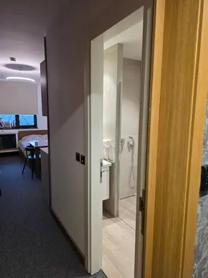 a bathroom with a shower and a toilet in a room at Snow White apartman Vila Bela reka 50m from gondola - free parking in Brzeće