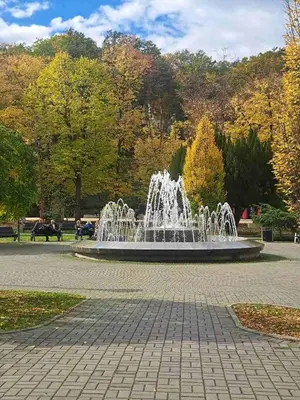 a fountain in the middle of a park at Aurora Lux in Vrnjačka Banja