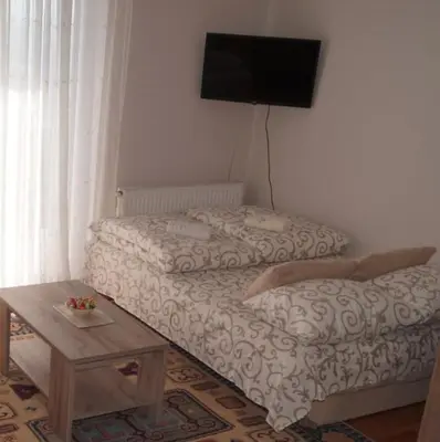 a bedroom with two beds and a tv on the wall at Apartman PK Vrnjačka Banja in Vrnjačka Banja