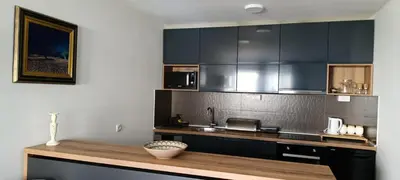 a kitchen with black cabinets and a counter top at Apartman Seka in Vrnjačka Banja