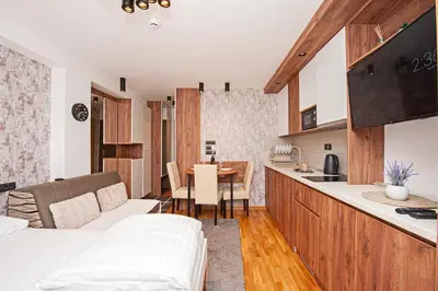 a kitchen and a living room with a table at Studio Kruna Kopaonik in Kopaonik