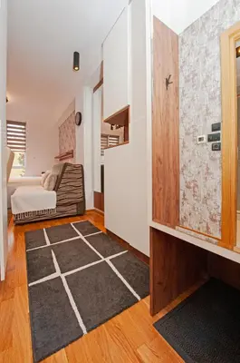 a living room with a bed and a rug at Studio Kruna Kopaonik in Kopaonik