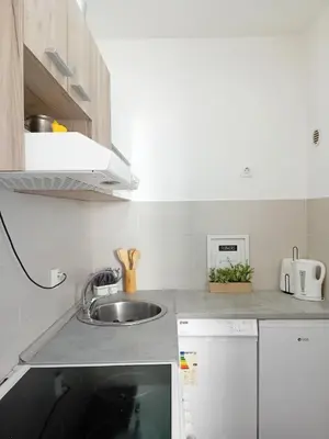 a white kitchen with a sink and a microwave at Wing Apartman Jagodina in Jagodina