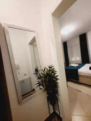a bedroom with a mirror and a potted plant at Wing Apartman Jagodina in Jagodina