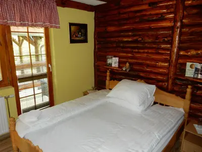 a bed in a room with a wooden wall at Apartments Izvor Lisine in Strmosten