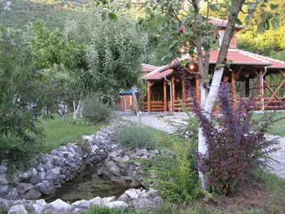 a log cabin with a creek in front of it at Apartments Izvor Lisine in Strmosten