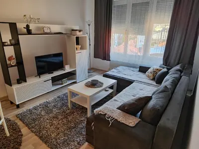 a living room with a couch and a tv at Konstantin Apartment in Niš