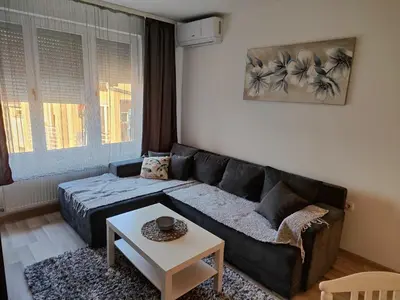 a living room with a couch and a table at Konstantin Apartment in Niš