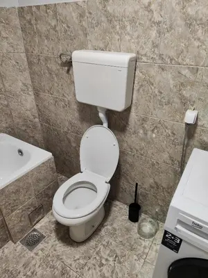 a bathroom with a white toilet and a sink at Konstantin Apartment in Niš