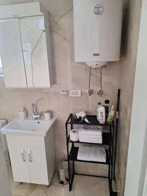 a white bathroom with a sink and a mirror at Apartman Eva in Vrnjačka Banja