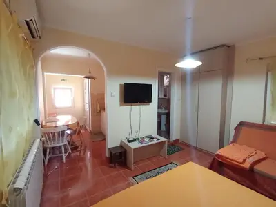 a living room with a couch and a table and a television at Smeštaj Golubica 5 in Soko Banja
