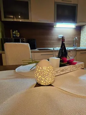 a table with a bottle of wine and two glasses at Magic Apartman Kop - Kraljevi Cardaci in Kopaonik