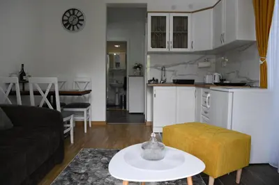 a living room with a couch and a table and a kitchen at Apartman K2 in Vrnjačka Banja