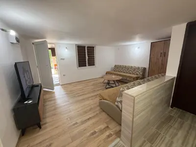 a living room with a couch and a television at Šumski mir in Despotovac