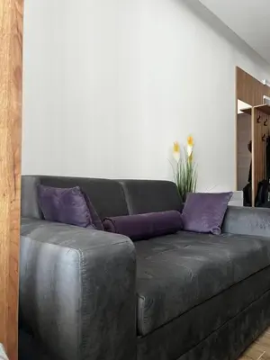 a gray couch with purple pillows in a living room at Residence Hill A84 in Kopaonik