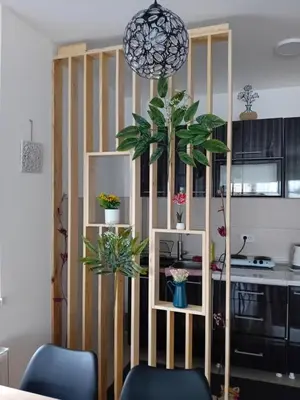 a living room with two plants on a shelf at Suncokret in Kruševac