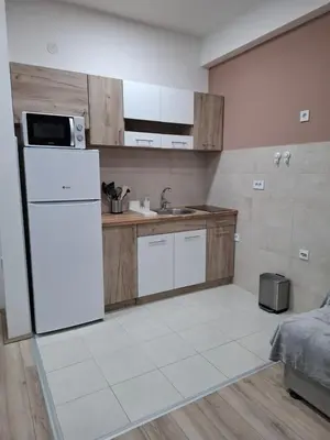 a kitchen with a white refrigerator and wooden cabinets at Apartman Dora in Jagodina