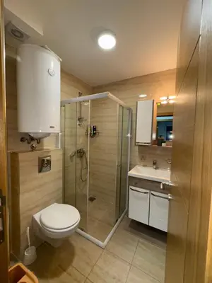 a bathroom with a shower and a toilet and a sink at Apartman Lambros in Soko Banja