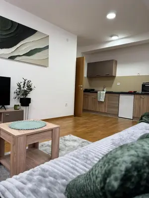 a room with a bed and a table and a kitchen at Apartman Lambros in Soko Banja