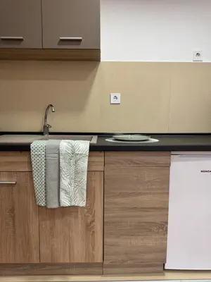 a kitchen with a sink and a towel on the counter at Apartman Lambros in Soko Banja
