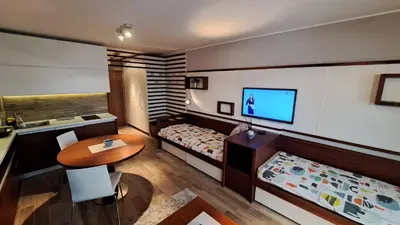 a room with a bed and a table and a television at Apartman Bjanka 308 in Kopaonik